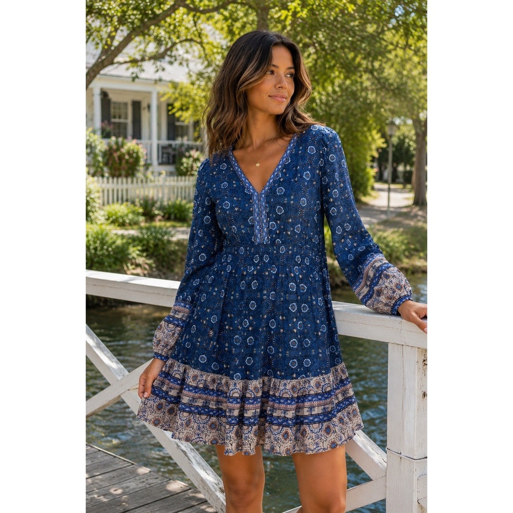 Lucky Brand Mini Dress-M- Boho-Beach-Festival-Peasant-Western Boho-Cottagecore